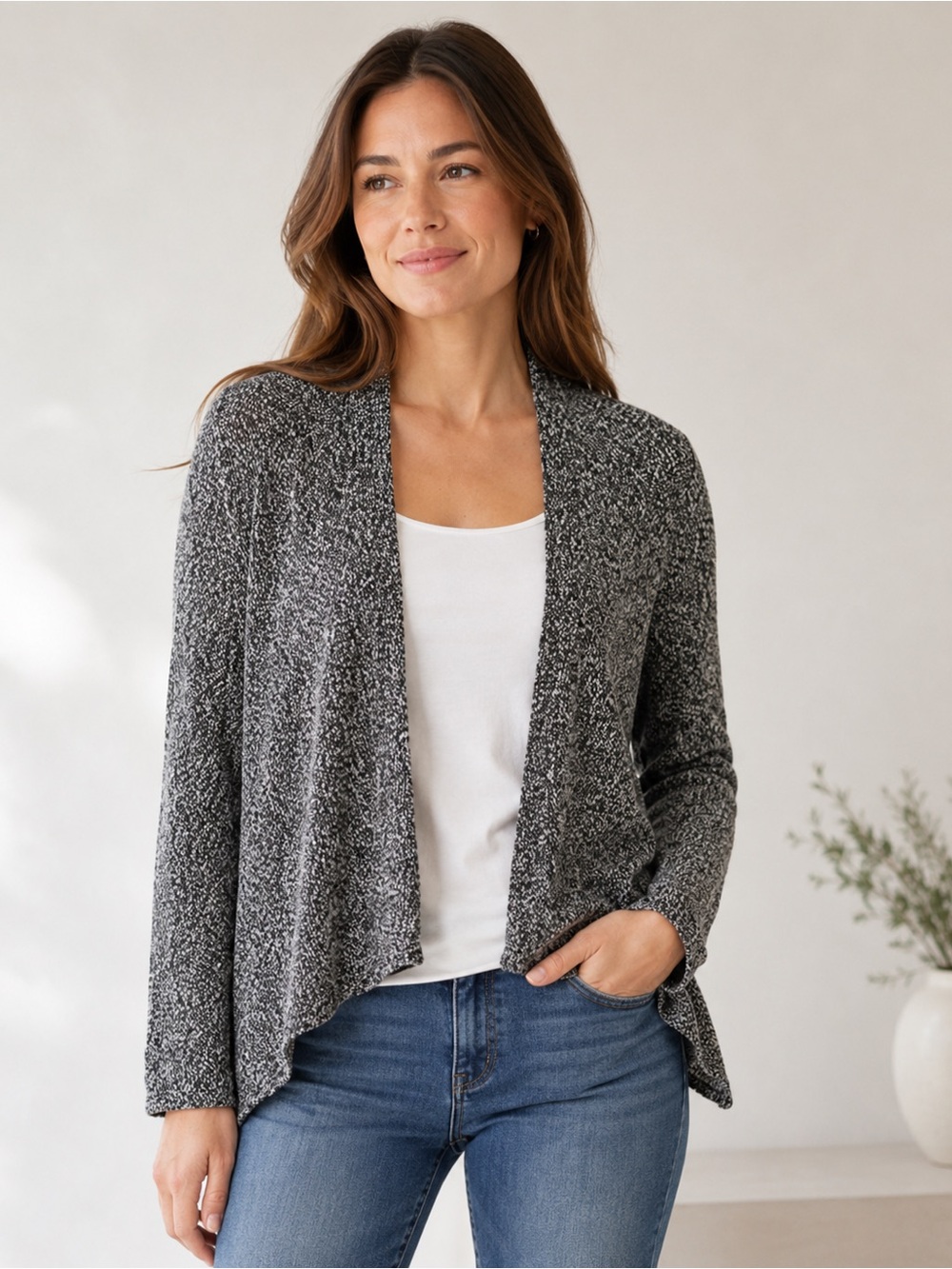 Eileen Fisher Organic Linen Open Front Knit Cardigan Gray Black Marl L
